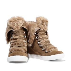 Donna Karan Cristin Faux Fur-trimmed Suede Wedge Sneakers- Brand New With Box